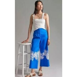 005 NWT Anthropologie Palm Frond Wide Leg Pants | Blue with White Palm | Size 12